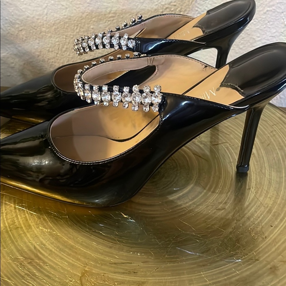 MiraAzzurra Black Patent Leather, 4” Heels with Crystal Embellishments, Size 10